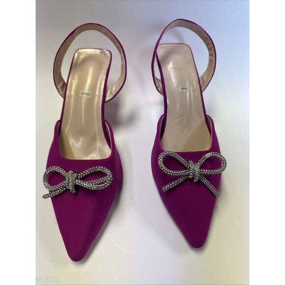Zara Shoes - Women’s Hot Pink Slingback Heel Satin Effect Rhinestone Bow Shoes Size 10.5